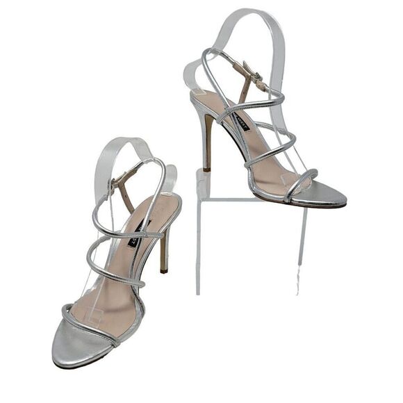Nine West Metallic Silver Leather Formal Strappy Stiletto Heels 8 Glam NWMERICIA - Picture 4 of 14
